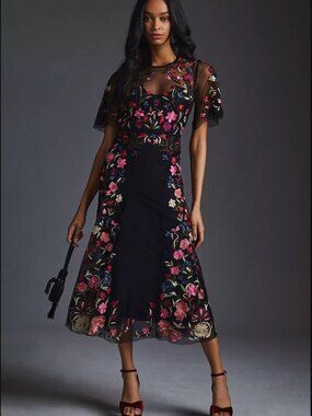By Anthropologie Black Pink Embroidered Floral Mesh Midi Dress 10